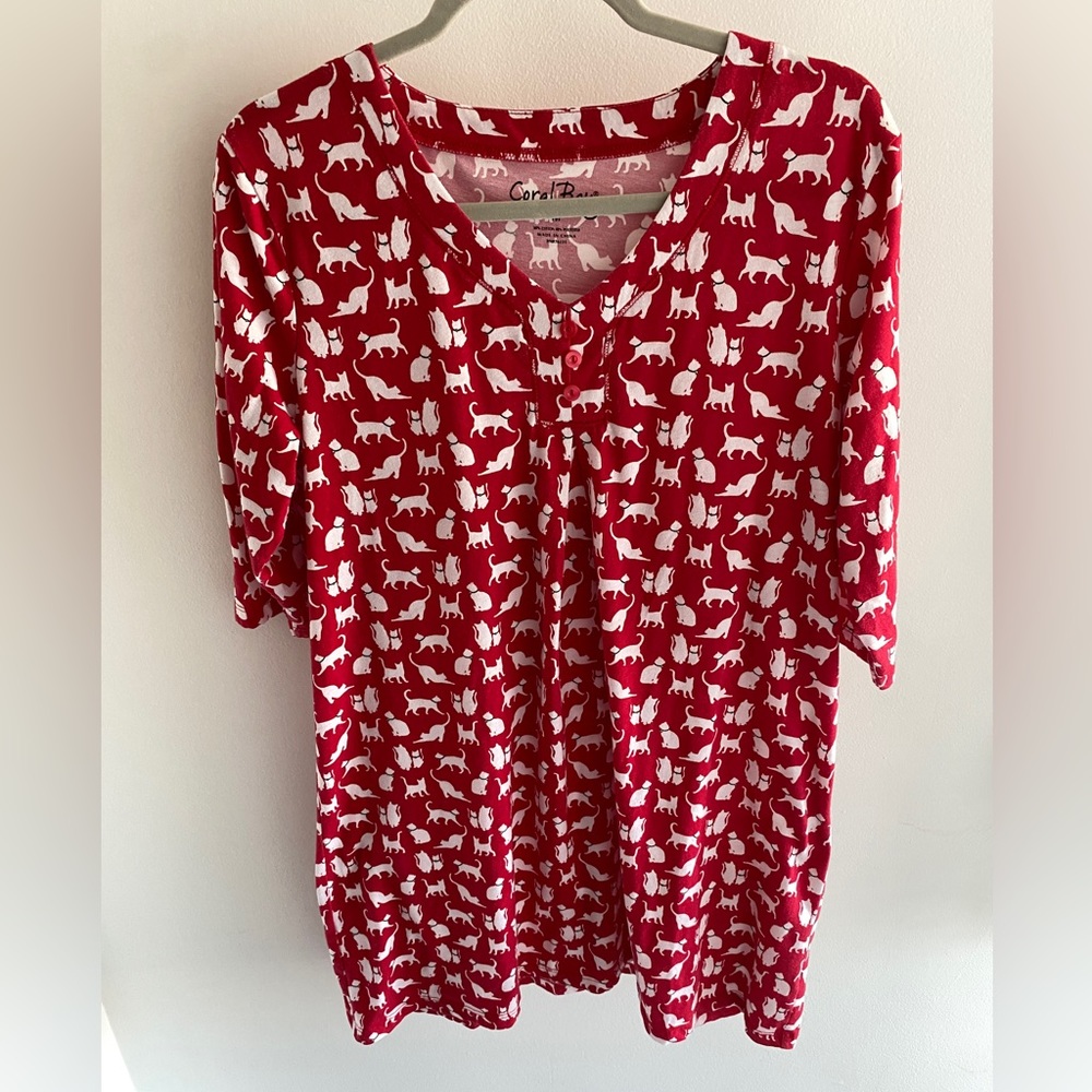 Coral Bay medium red and white cat print nightgown. Cotton & Polyester blend.